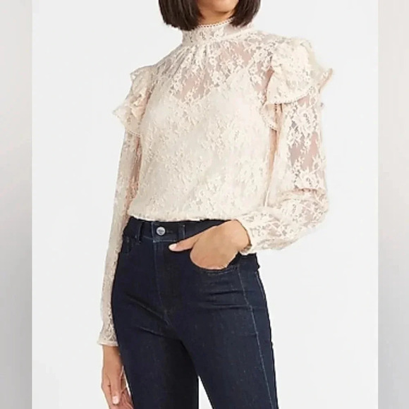 NWT EXPRESS Lace Ruffle Mock Neck Top, Cream Size S/P - Picture 1 of 15